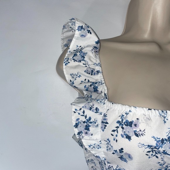 White and blue ruffle shoulder floral printed womens crop  top size xl - Picture 8 of 9